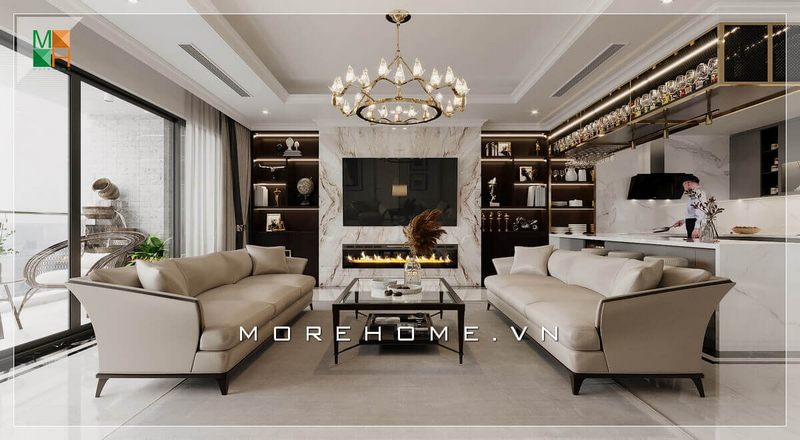 Kiểu dáng độc đáo và sang trọng của ốp đối vân tường treo tivi hiện đại góp phần tạo nên sự sáng tạo và độc đáo cho căn phòng khách.